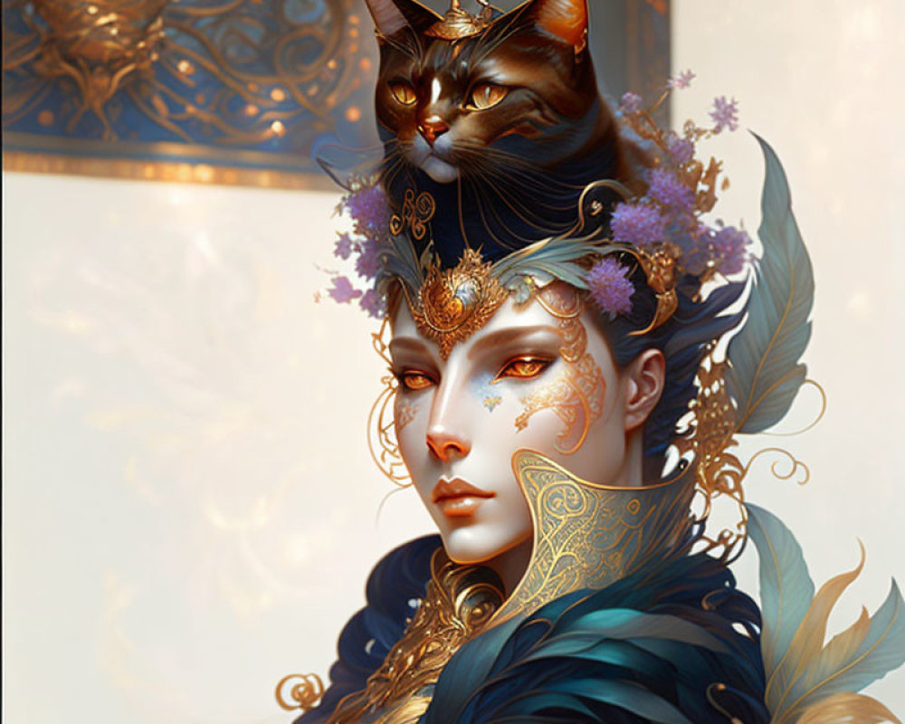 Illustrated woman with gold and blue feathers, makeup, jewelry, and a cat with flowers.