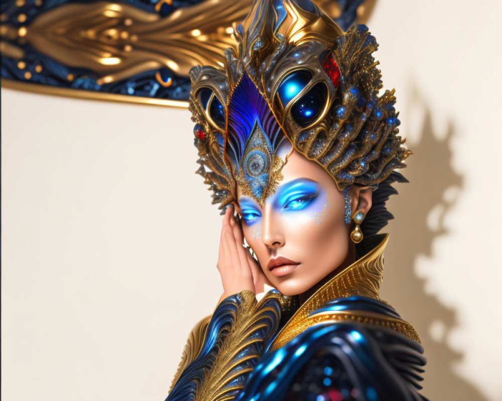 Elaborate golden headpiece with blue accents and peacock feathers