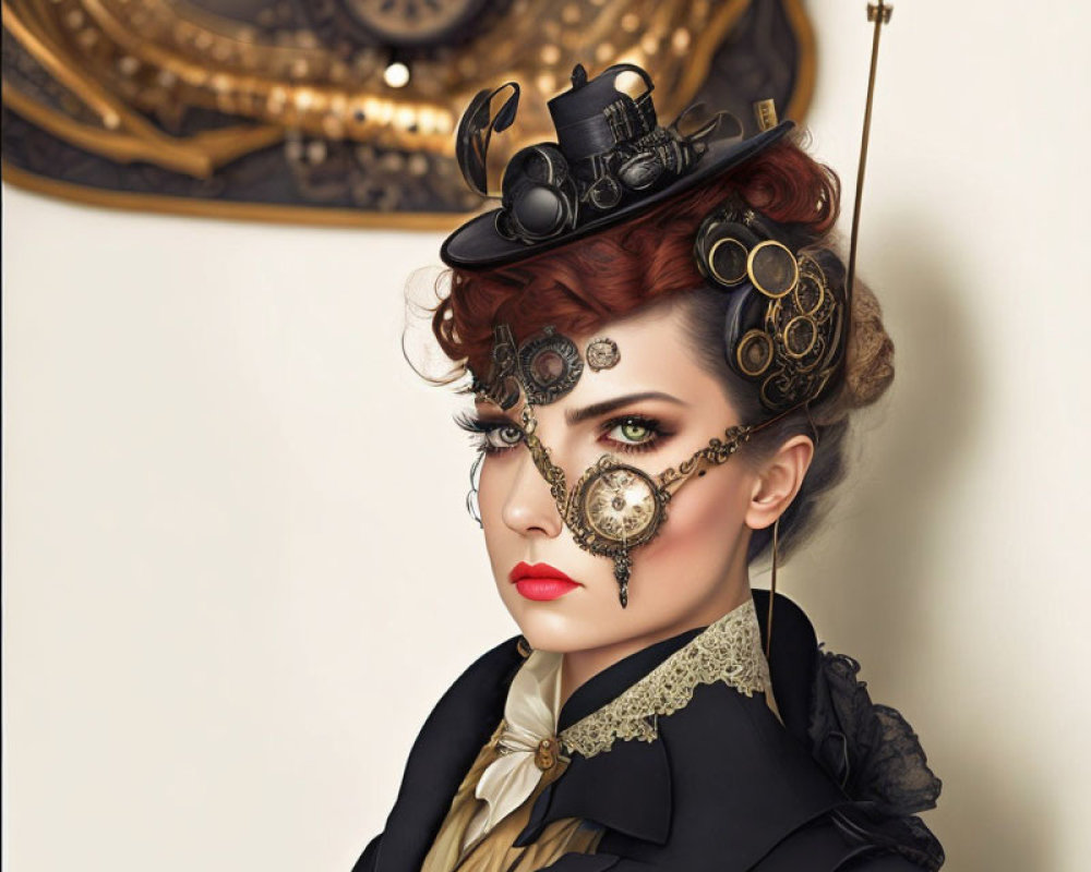 Steampunk-style woman with gear eyepiece on vintage backdrop