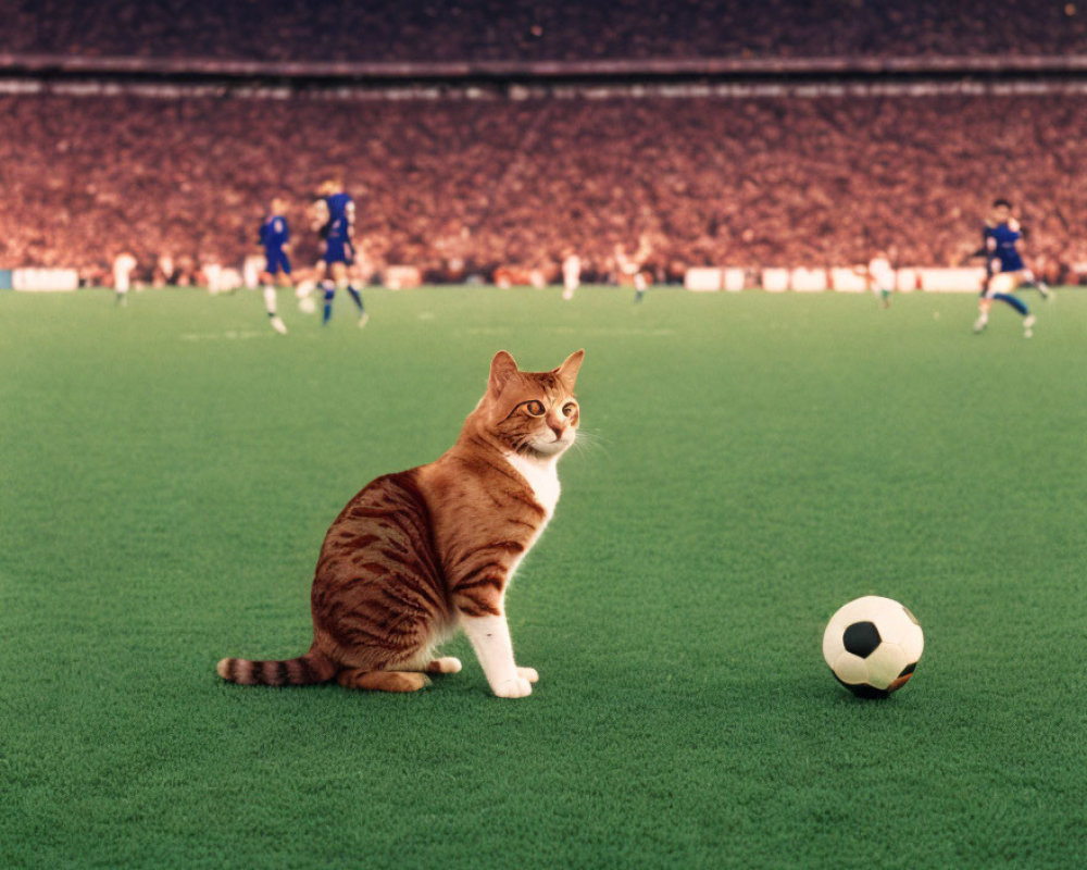 Ginger and White Cat on Green Soccer Field with Soccer Ball and Players