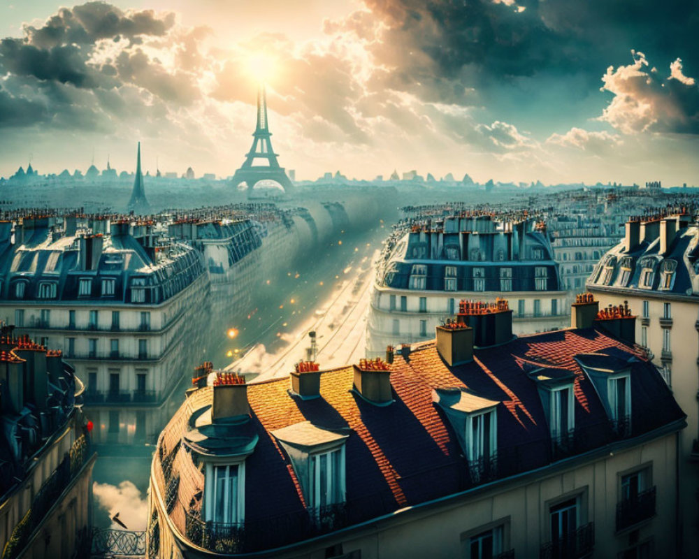 Parisian skyline with Eiffel Tower and sunset glow