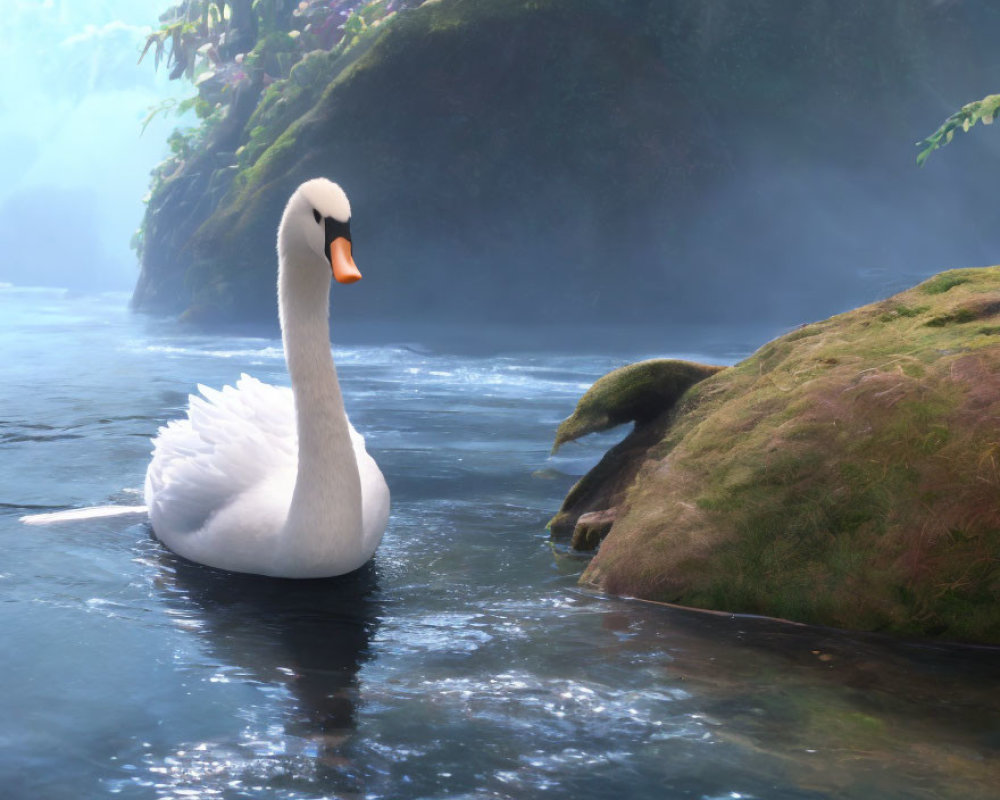 Misty river scene: serene swan, lush green banks