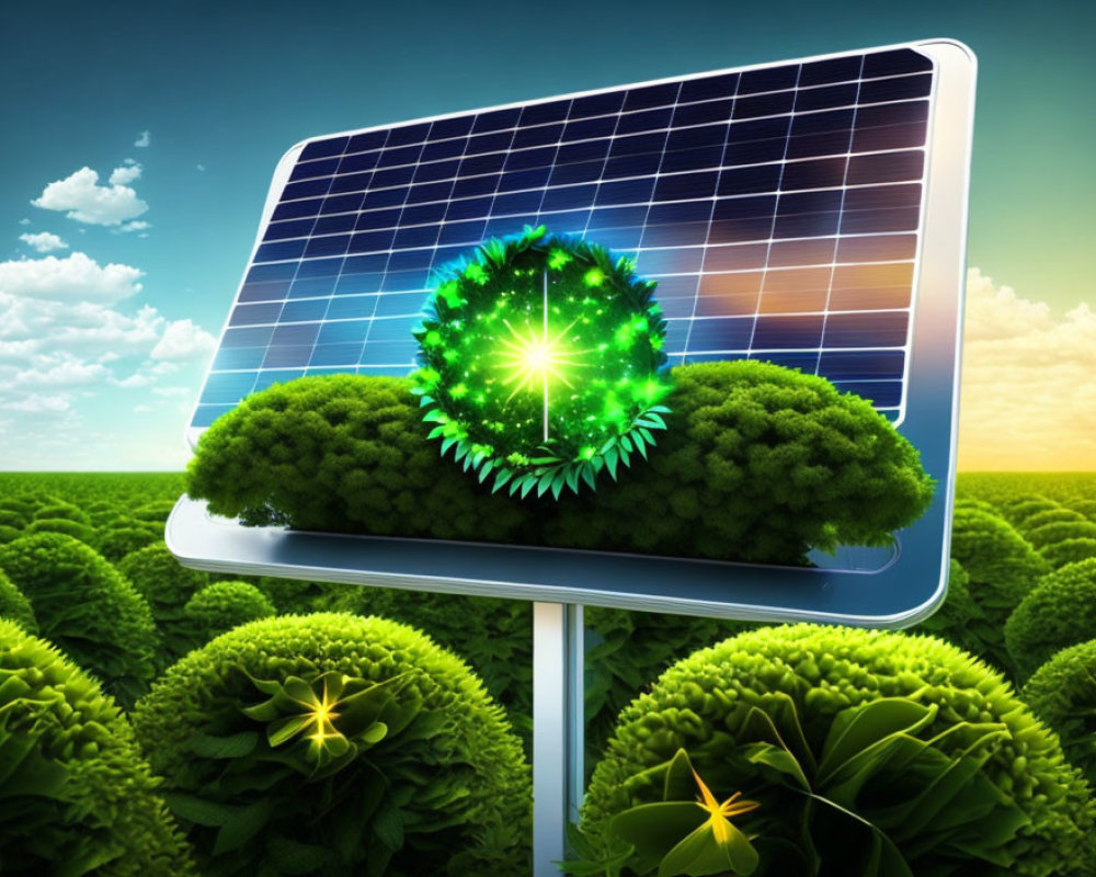 Solar panel integrated with power button symbol in lush green bush field