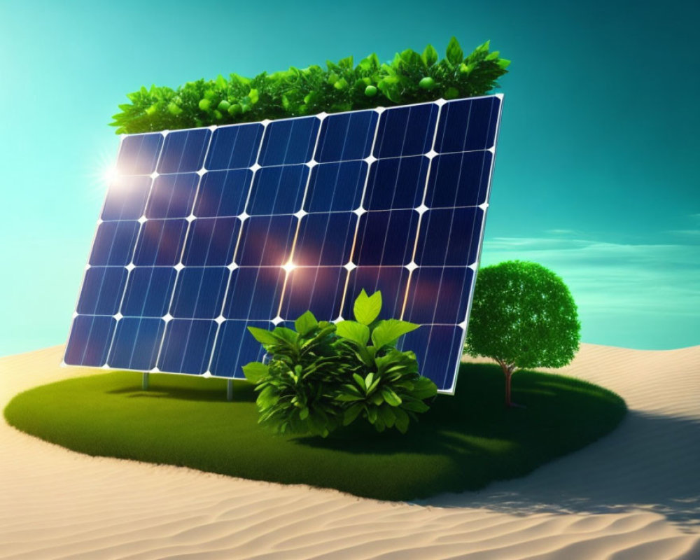 Solar panel with green foliage on grass in desert symbolizes renewable energy.