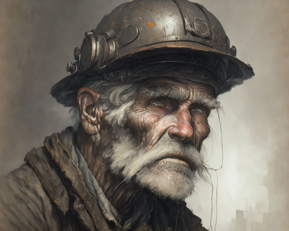 Elderly man with white beard in rusty helmet and tattered coat