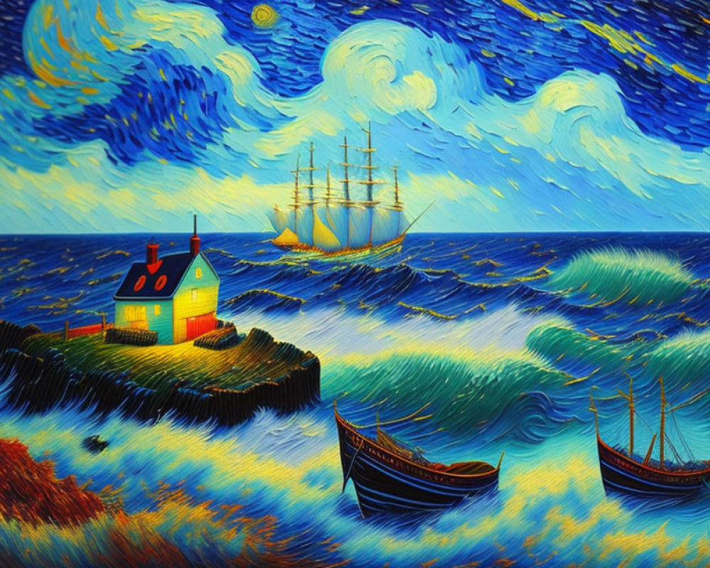 Colorful seascape painting with sailing ship, coastal house, and boats in Van Gogh style