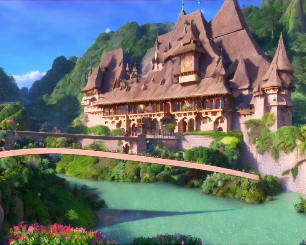 Thatched Roof Fairytale Castle in Lush Green Landscape