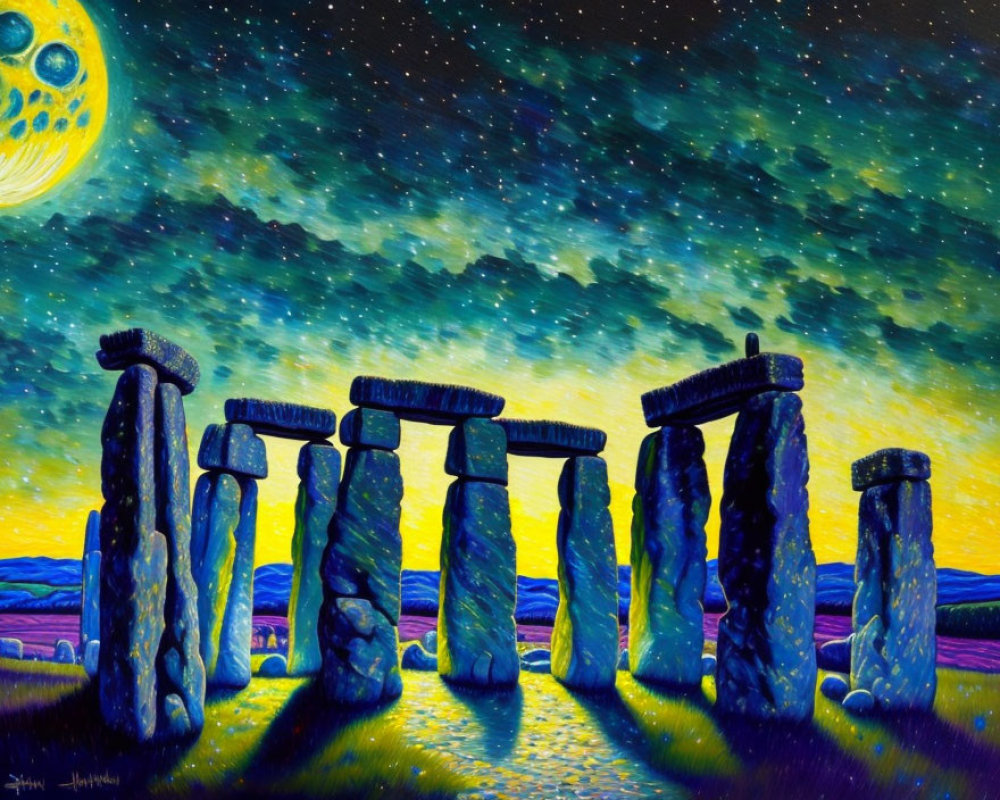 Vibrant painting of Stonehenge under starry night sky