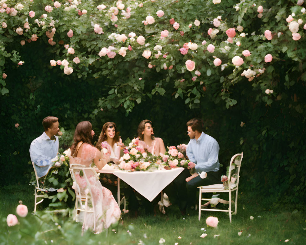 Five people at a garden party under pink rose canopy with set table.