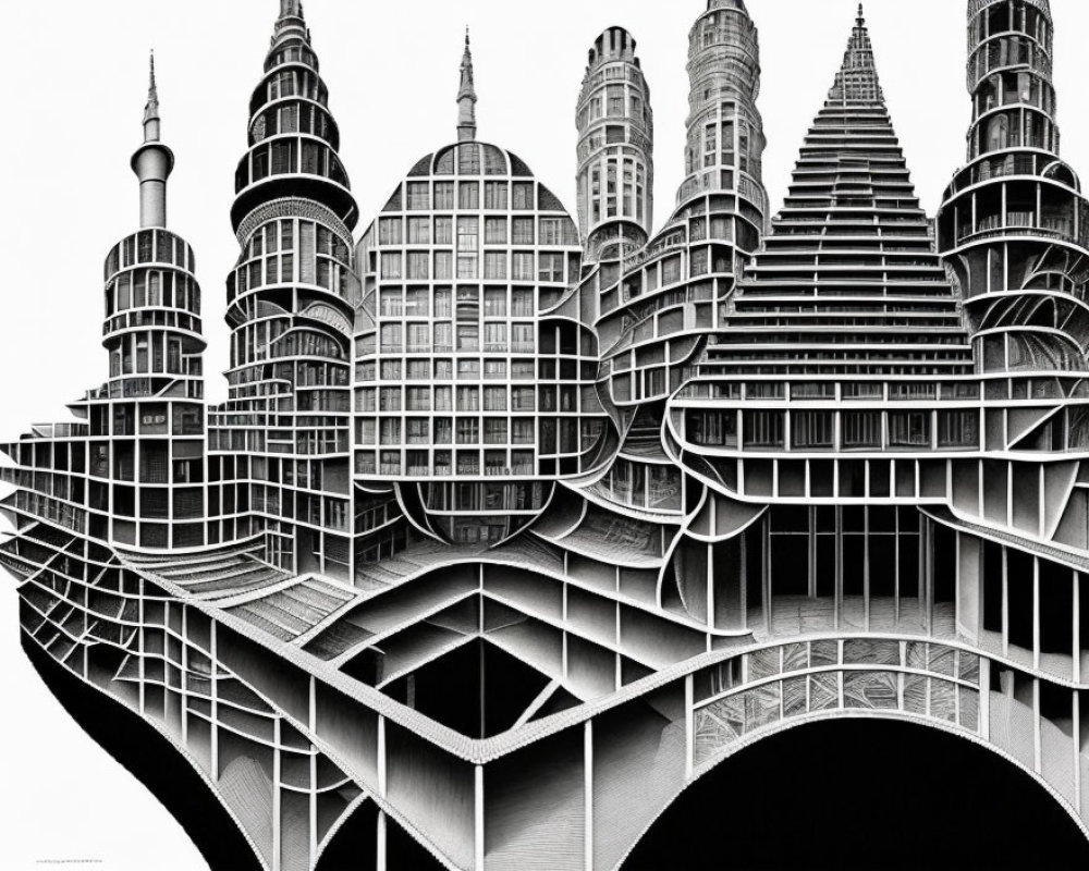 Detailed black and white drawing of futuristic cityscape with unique architectural structures.