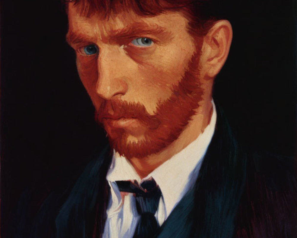Man with Auburn Hair and Blue Eyes in Dark Suit on Black Background