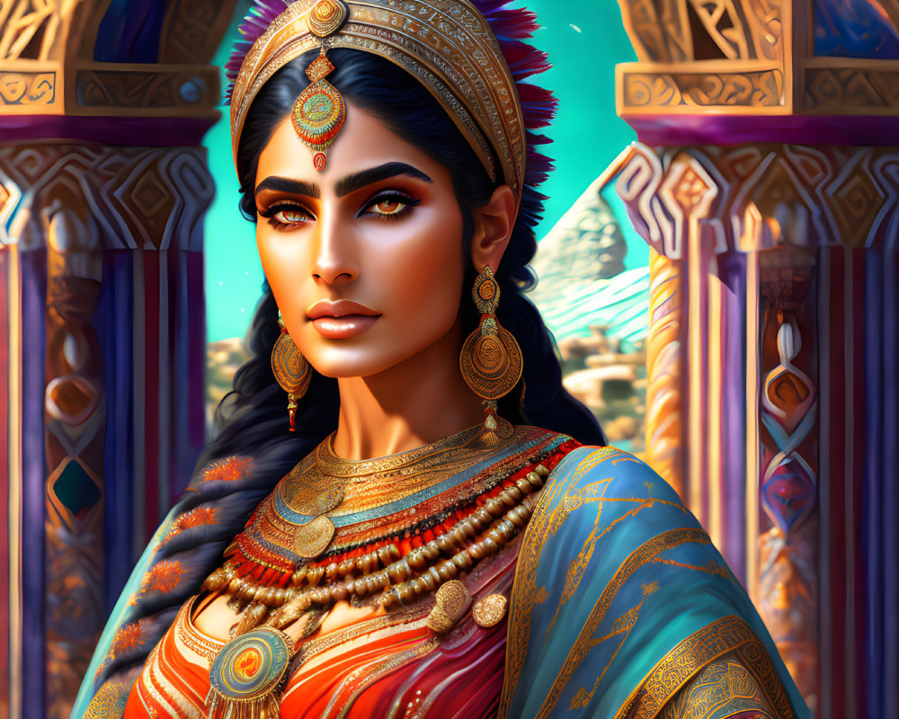 Digital artwork: Woman in Indian attire with temple backdrop