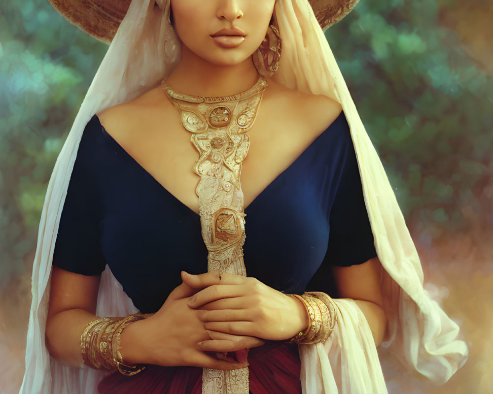 Traditional Attire Woman with Large Hat and Jewelry Holding Decorative Object