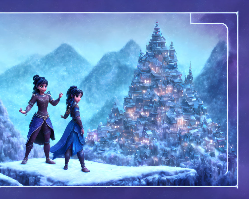 Animated characters in mystical mountain city at twilight
