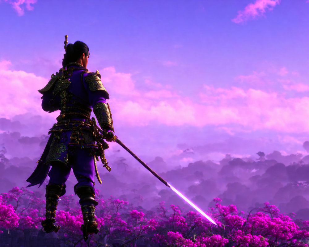 Traditional armored warrior with sword in field of pink flowers under purple sky