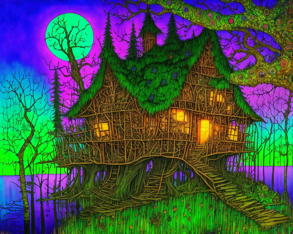 Colorful nighttime treehouse illustration with glowing moon & vibrant foliage