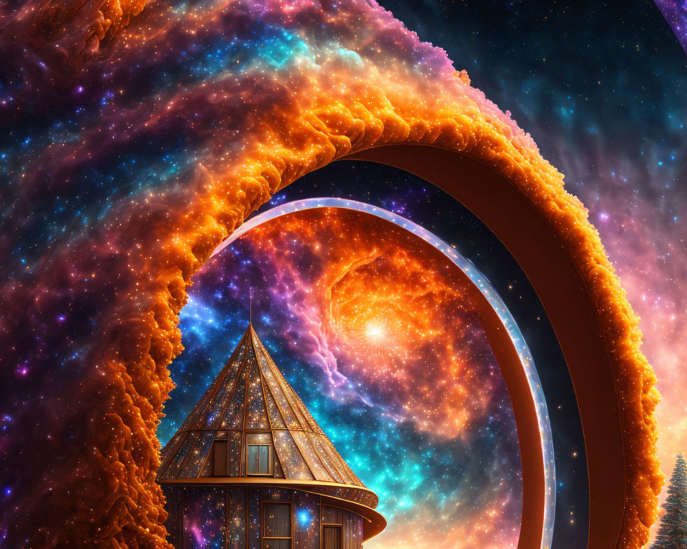 Glowing fiery ring in whimsical space scene