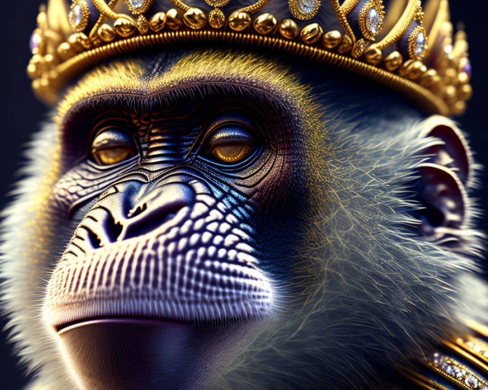 Majestic baboon with piercing eyes in ornate gold crown and regal attire