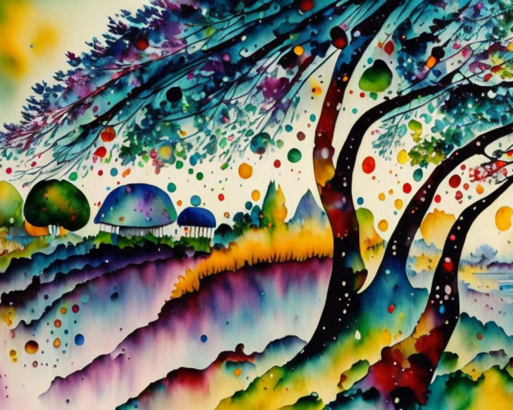 Colorful Watercolor Landscape with Whimsical Tree and Bubbles