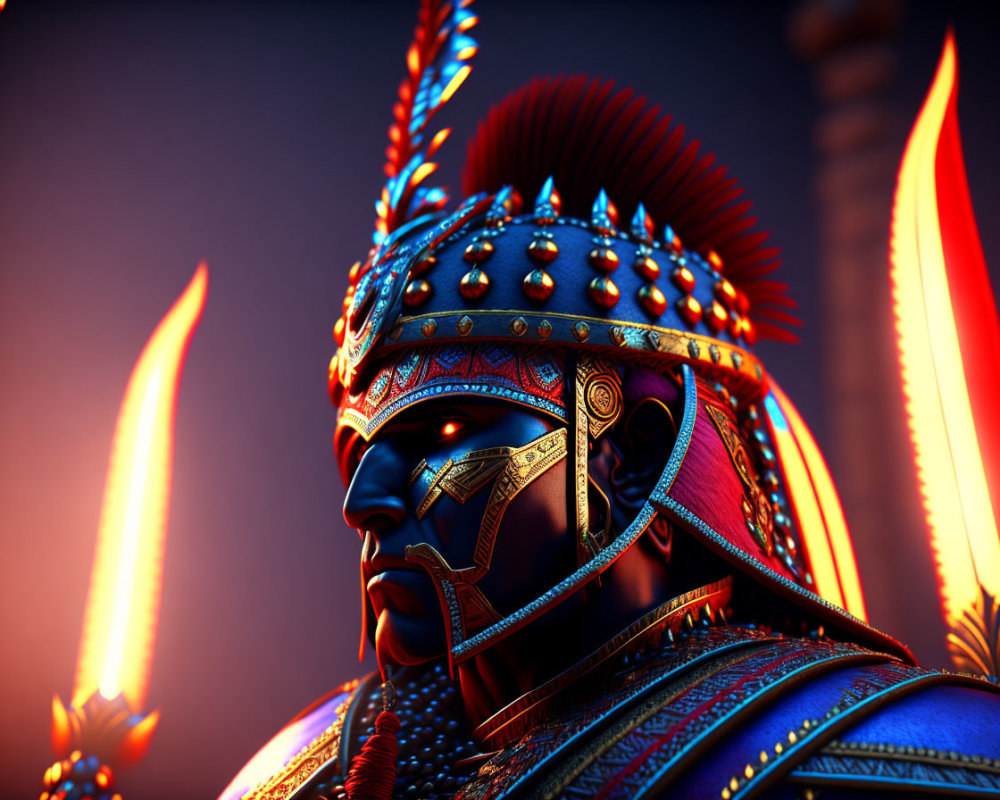 Detailed 3D Render of Armored Warrior with Intricate Helmet and Feathers