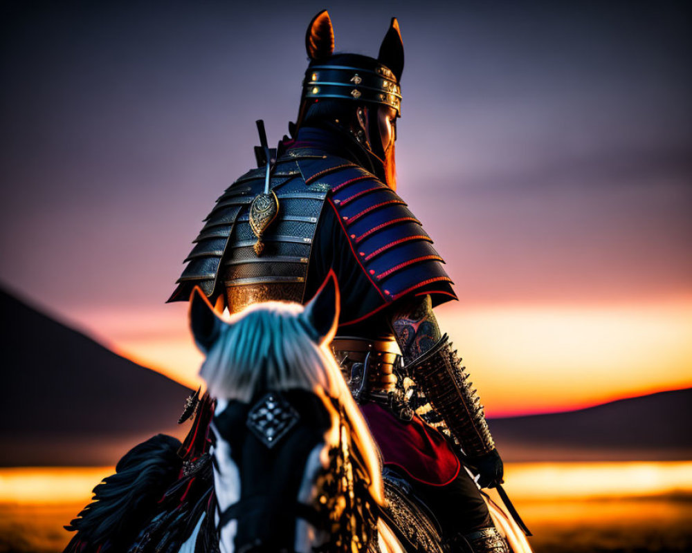 Samurai in traditional armor on horseback at sunset horizon
