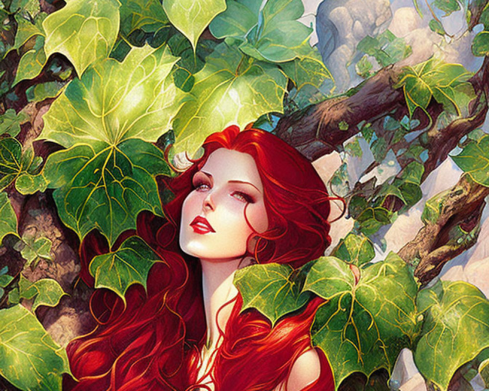 Illustration: Woman with flowing red hair in lush green ivy setting
