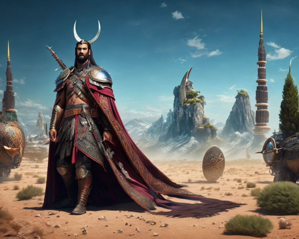 Elaborately armored warrior in fantasy desert landscape