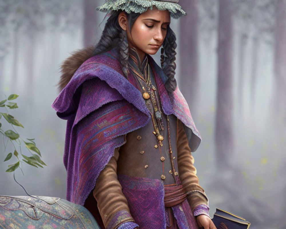 Person in fantastical attire with book and lantern in misty forest.