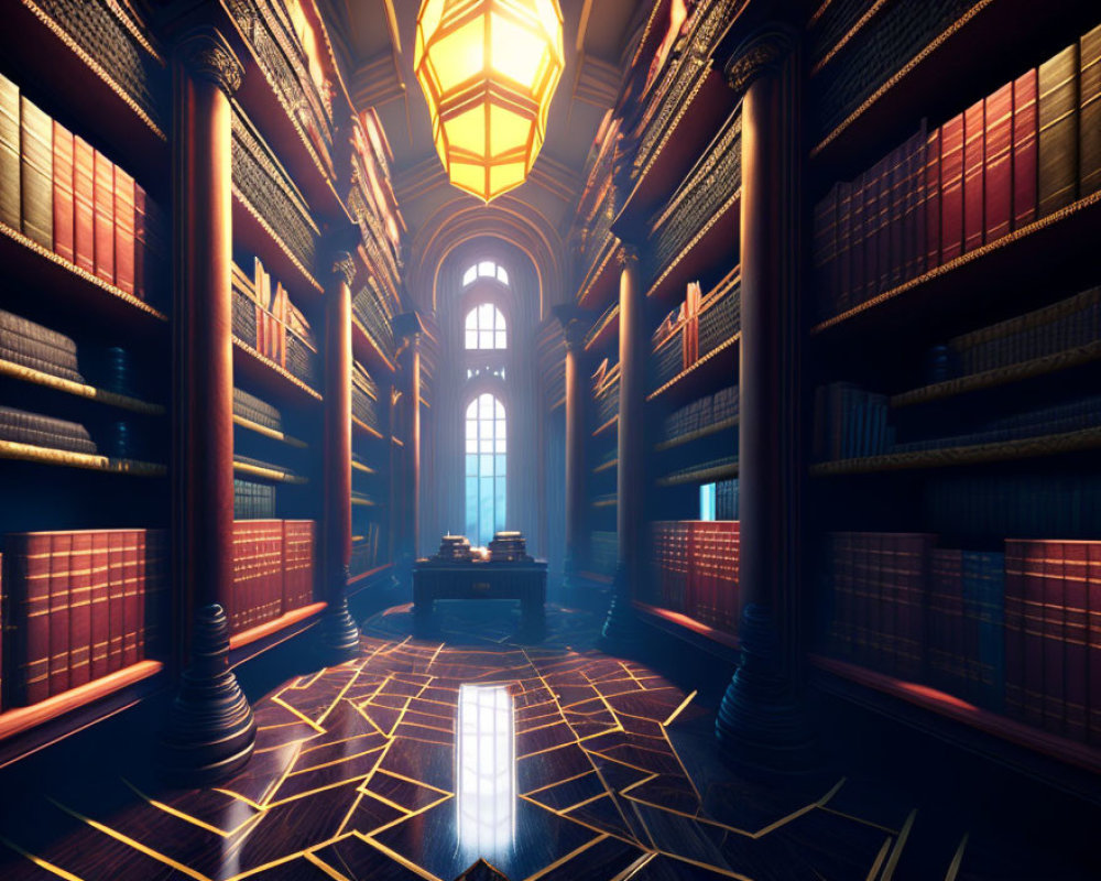 Expansive Library with Tall Wooden Bookshelves