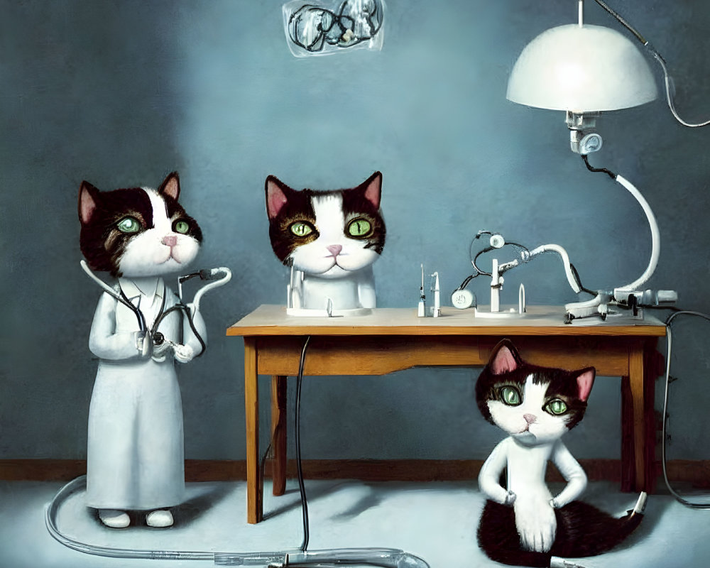 Anthropomorphic cats in vintage-style doctor's office scene