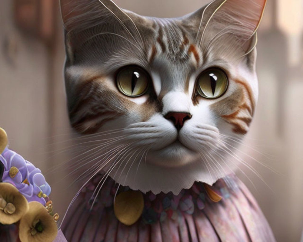 Detailed anthropomorphic cat illustration in floral dress with expressive eyes.