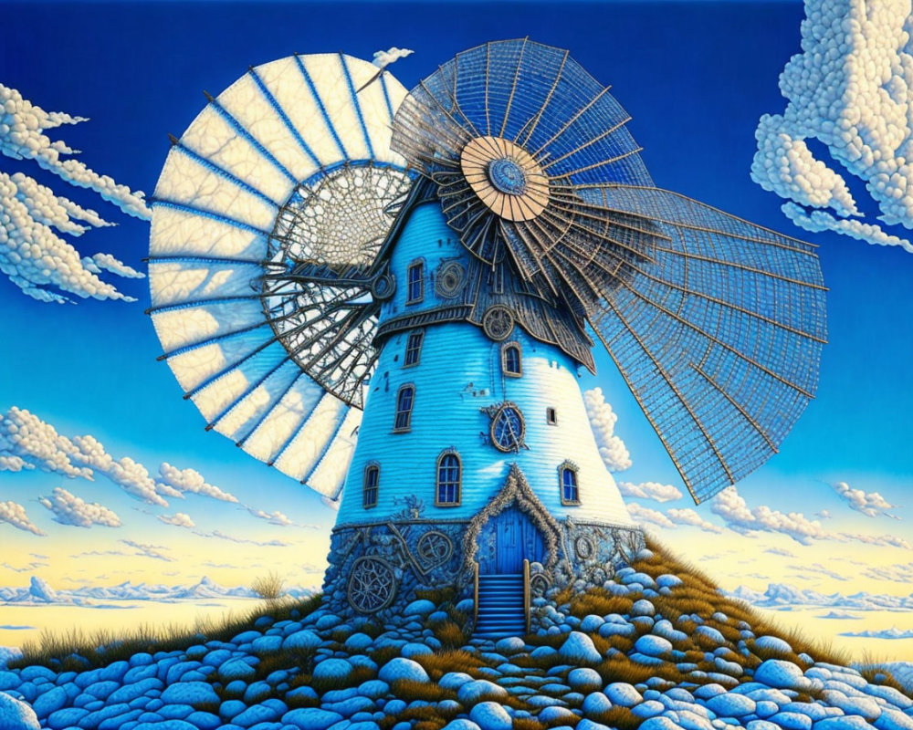 Whimsical windmill painting with feather-like sails against blue sky