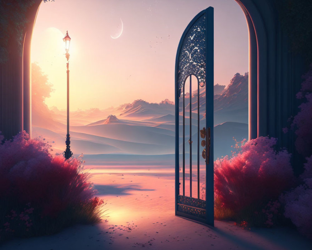 Surreal landscape featuring ornate door, mountains, sunset, moon, pink foliage, and lamp