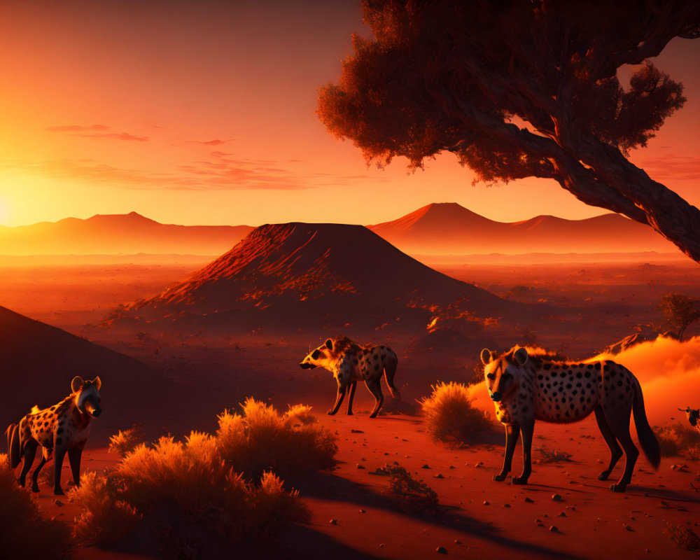 Three Cheetahs in Desert Sunset with Red Tones