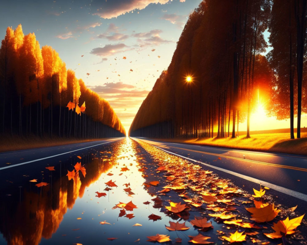 Golden sunset reflected on wet road with autumn trees and fallen leaves