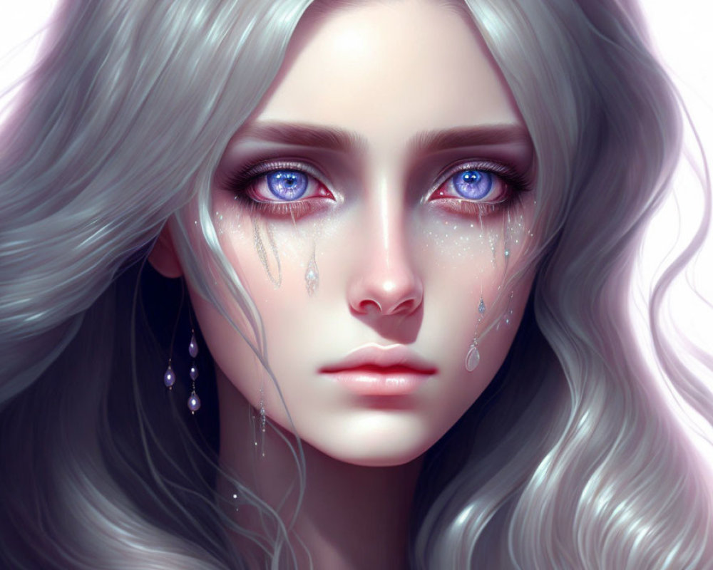 Illustration of woman with pale skin, blue eyes, silver hair, and jeweled tears