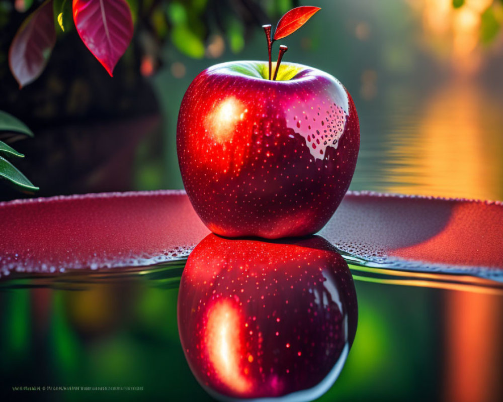 Bright red apple with leaf and stem on reflective surface against greenery background
