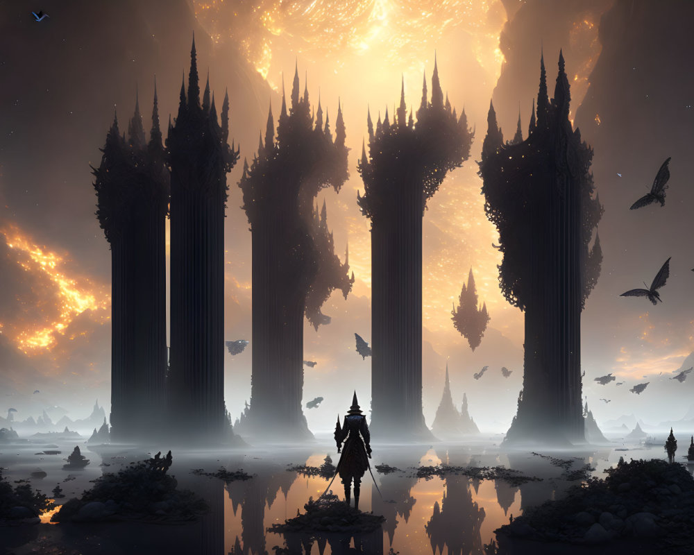 Knight standing before colossal towers under dramatic sky with birds, rocks, and water.