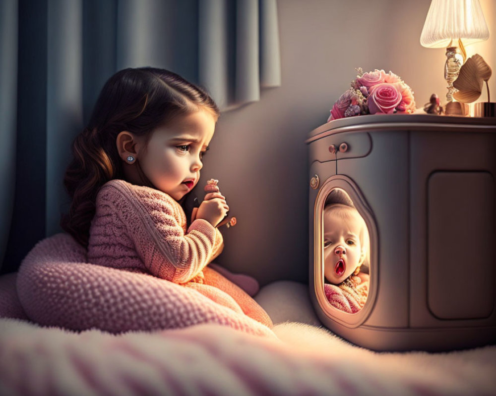 Young girl in pink sweater gazes at reflection in small bedside mirror