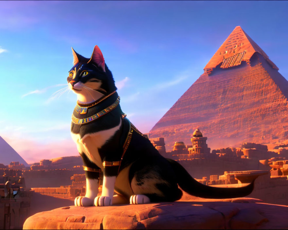 Egyptian-themed animated cat on ledge with pyramids and setting sun