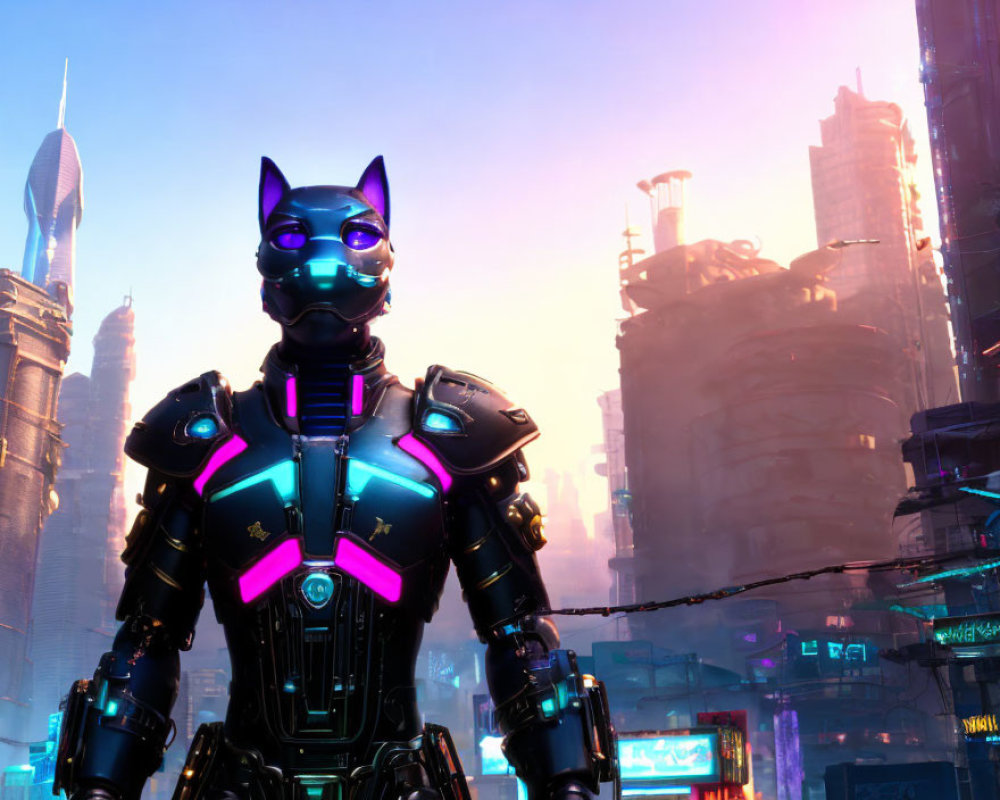 Futuristic robotic cat with neon accents in vibrant cityscape at twilight