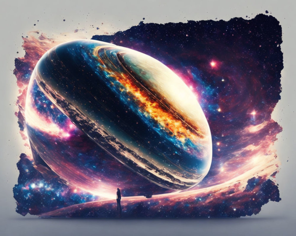 Person standing before surreal planet in cosmic background.
