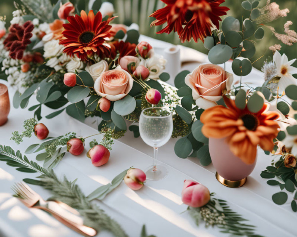 Sophisticated table decor with red flowers, peach roses, greenery, apples, and a glass