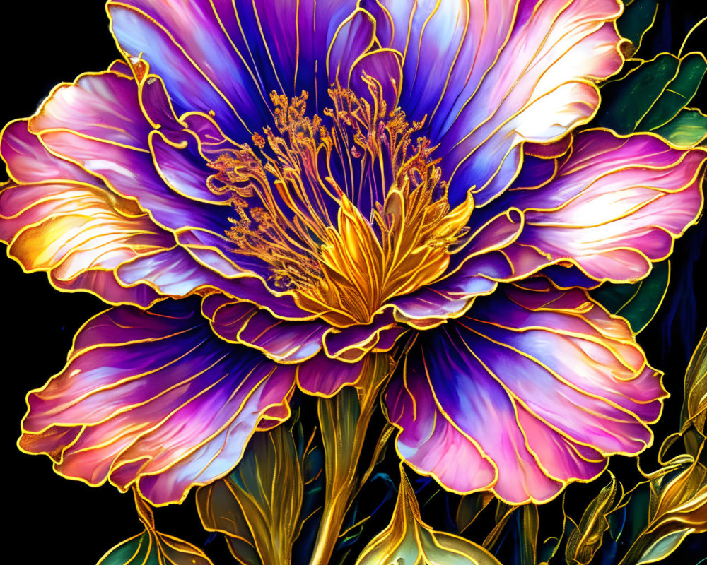 Detailed digital painting of vibrant purple and blue flower with golden center on black background