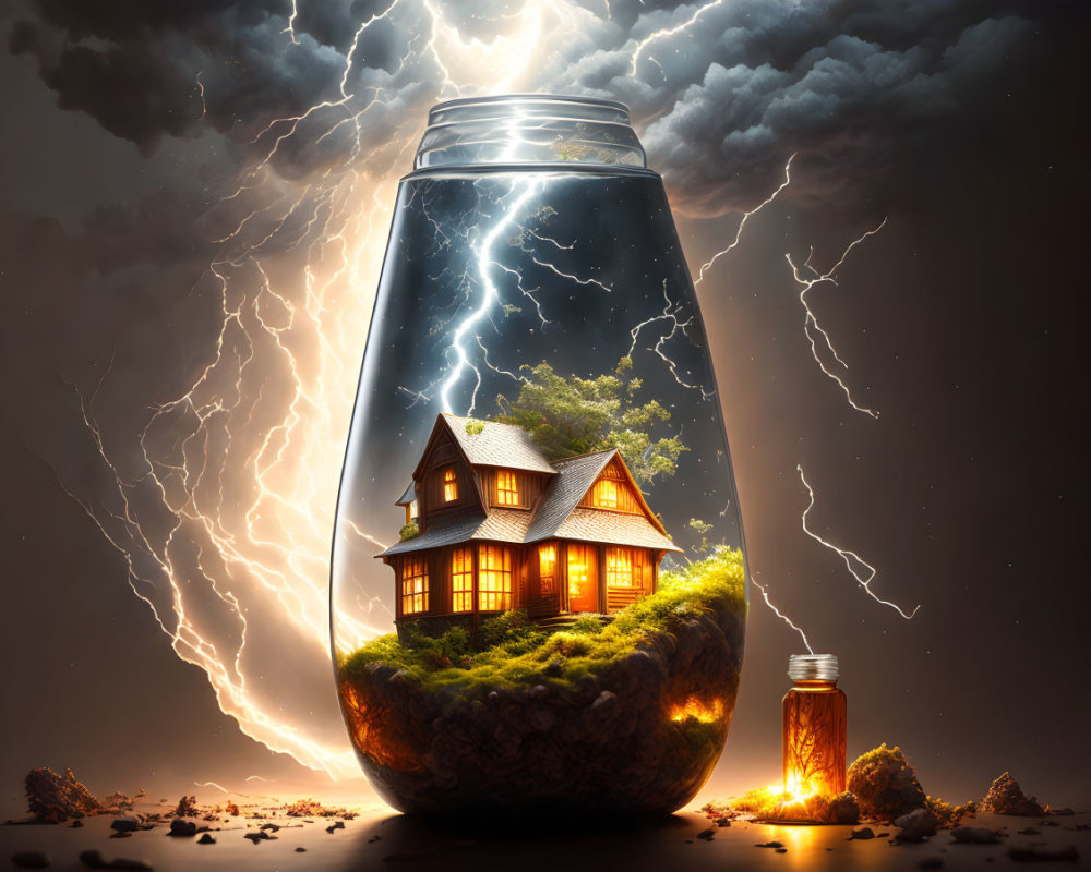Quaint house in jar on grass under stormy sky with lightning.