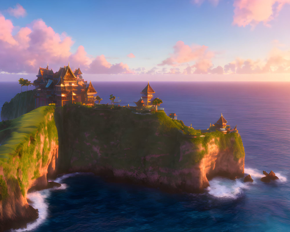 Cliffside traditional buildings overlooking vast ocean at sunset