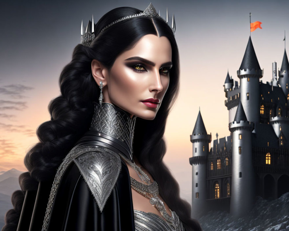 Dark-haired woman in crown and armor gown at castle dusk