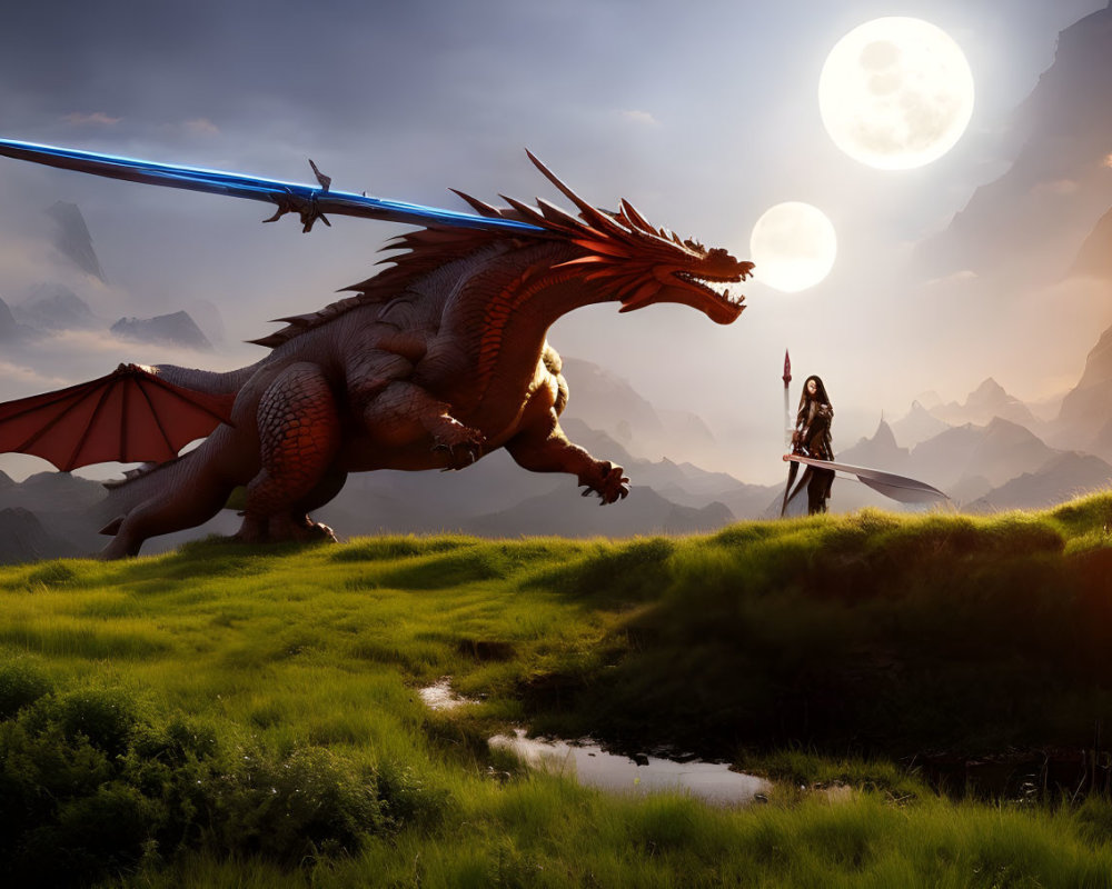 Warrior confronts dragon on grassy hill under full moon.