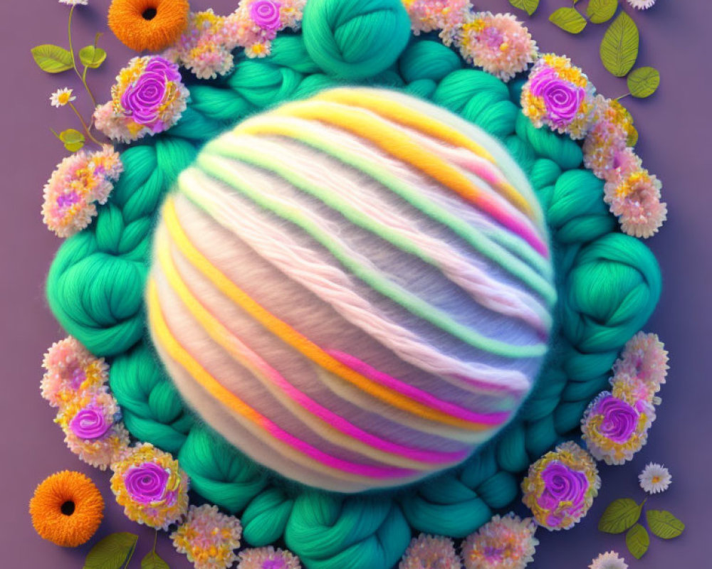 Vibrant flowers and soft yarn ball on purple backdrop
