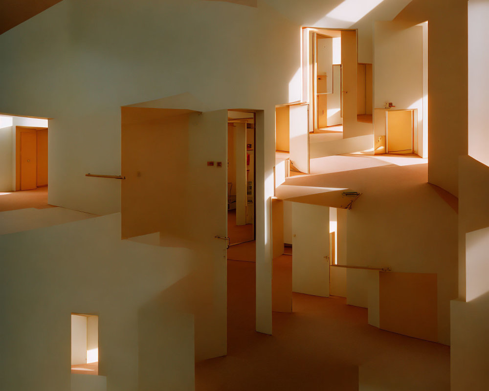 Abstract architectural interior with staggered doorways and warm lighting creating Escher-like illusion